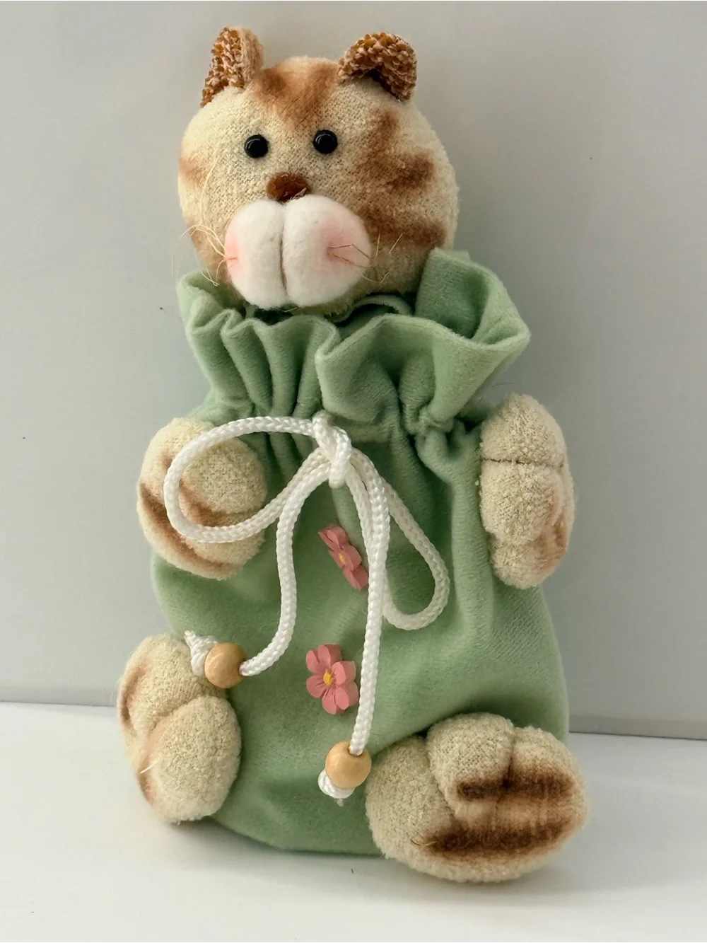 Plush Cat Toy in Sage Green Drawstring Outfit